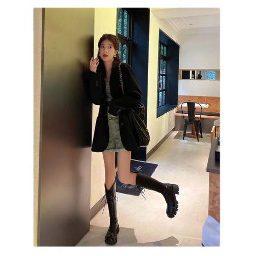 PULIWEI马丁靴女长筒靴2023新款秋季瘦瘦不过膝中筒高筒骑士靴小个子长靴 黑色单里 39