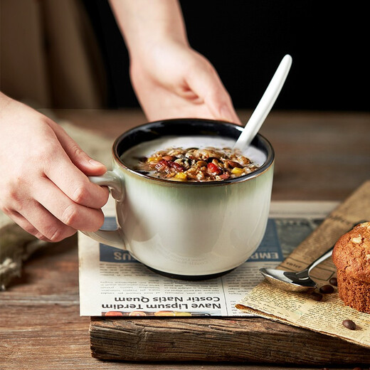 INMIND HOUSE Big belly milk breakfast cup ceramic oatmeal cup with lid spoon large capacity microwaveable European style 600ml gradient gray 600ml (wooden handle spoon + wooden lid)