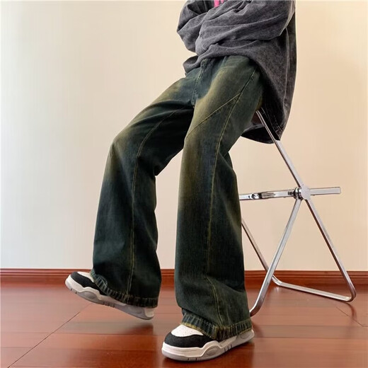 迪伽达 牛仔裤男士夏季修身微喇直筒裤美式高街潮牌复古休闲长裤子男 DFFS-736蓝色 L