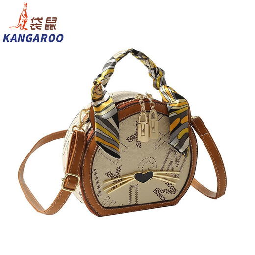 袋鼠（KANGAROO）千鸟格小圆包2024新款时尚百搭感小众圆形包手提斜挎小包包 KJ米白