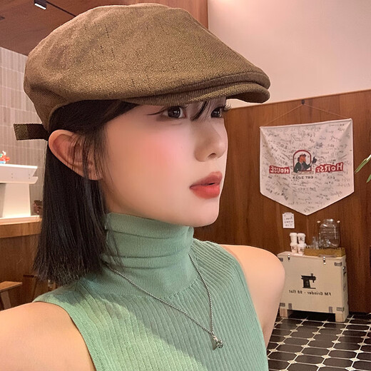 槿城美式复古辣妹棉麻前进帽女夏季薄款文艺百搭街头显脸小贝雷帽子潮 咖色BL0829 均码 M（56-58cm）