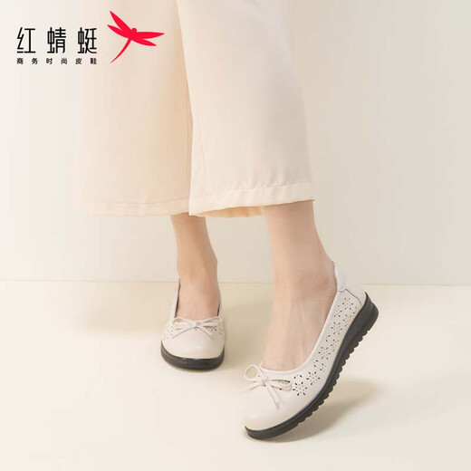 Zapatos de mujer de libélula roja primavera nuevos zapatos de mujer de superficie suave hueca pajarita cómodos zapatos planos para mamá WTB14108 blanco 36