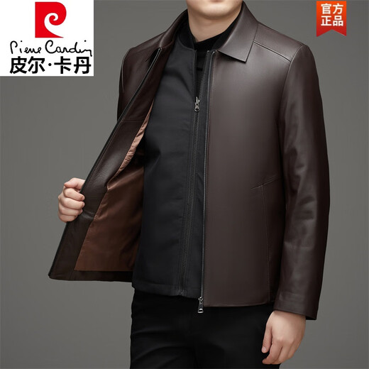 Pierre Cardin Haining removable lining down genuine leather jacket winter middle-aged men's lapel zipper sheepskin casual jacket black 2XL 185