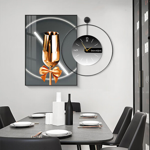 
CLCEY light luxury high-end modern simple Nordic restaurant decoration painting clock dining room hanging painting living room living room background B9734+A black hollow black dial 70*100+ clock 60*60 oil canvas fashion black