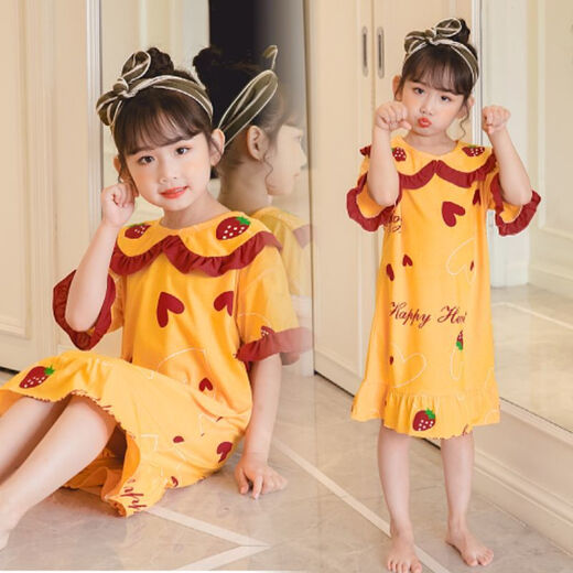 Guzibird Kinder Nachthemd Kurzarm Cartoon Feste Farbe Baumwolle Sommer mittel-large-Heimkleidung für Kinder für Kinder im Alter von 2 bis 14 Jahren SS Short Rock Orange Hairband 110 12 Größe Height-12048jin [Jin gleich 0,5 kg]