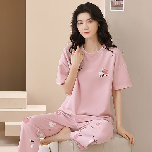 
Hongdou 2024 new pajamas for women, summer pure cotton short-sleeved trousers, spring, autumn, summer, summer thin home clothing set YS-683 XL