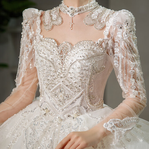 Red makeup wedding dress bride 2025 new long-sleeved heavy industry ceremony yarn Korean style fugitive princess welcome yarn main yarn off-white floor-length style S