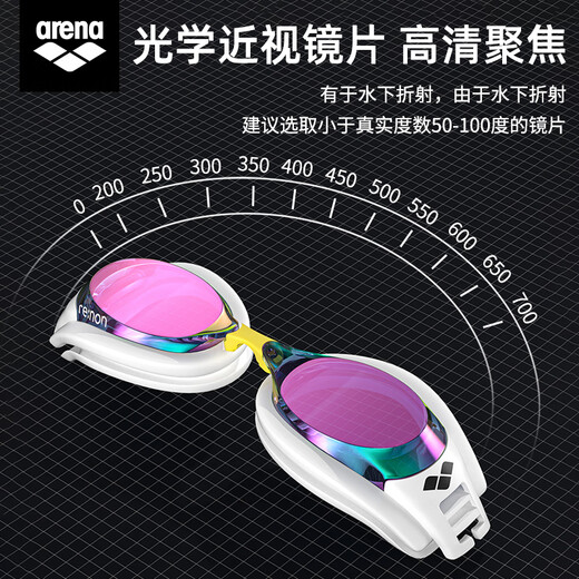 Arena myopia swimming goggles, coated, waterproof, anti-fog, genderless, fashionable myopia swimming goggles for men and women, BLRU/white-730 coating, please leave a message for different degrees on the left and right.