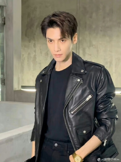 Customized Luo Yunxi's same style leather jacket, sheepskin slim fit, Korean style belt, soft wallet, trendy and handsome motorcycle men's jacket, black XL