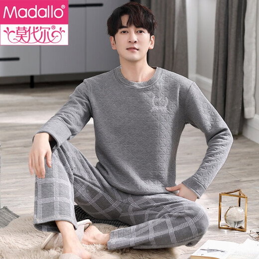 
Modal pajamas men's spring and autumn thickened cotton long sleeve trousers home clothes air cotton mezzanine cotton autumn and winter style pullover KK6195 L (160)