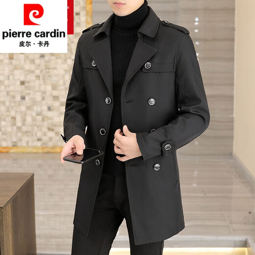 Pierre Cardin light luxury mid-length windbreaker men's coat autumn and winter 2026 new double-breasted high-end jacket men's coat 2158 black 190
