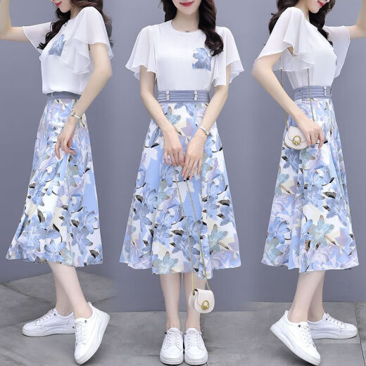 Yoekbird Vestido de gasa dulce francesa para mujeres en verano 2025 Nuevo temperamento Falda floral que abraza el set de dos piezas 9767# Blue Original Spot Set s