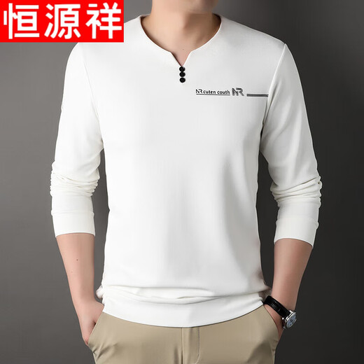 Hengyuanxiang 100% pure cotton long-sleeved T-shirt for men V-neck spring and autumn solid color base shirt for men daddy top 6998-2 Haqing 2XL 180 suggestions 160-175Jin [Jin equals 0.5 kg]