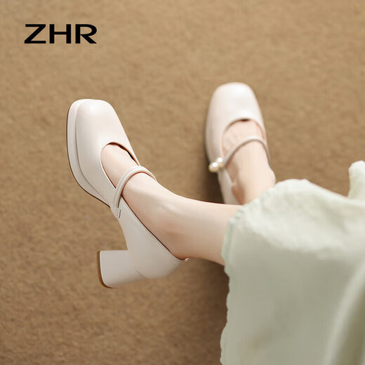ZHR玛丽珍鞋女春秋复古法式粗高跟单鞋女方头优雅女鞋EHSA37米色37
