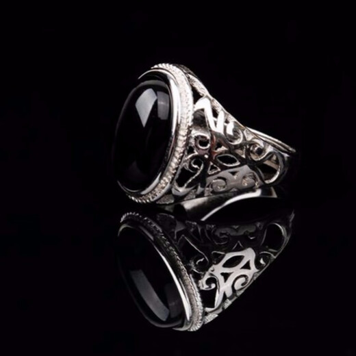 Sanskrit natural black agate gemstone ring for men and women 925 silver couple ring open ring personalized simple fashion jewelry black agate ring for men and women 925 silver