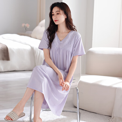 维多利亚的格调带胸垫睡裙女夏季纯棉薄款短袖中长款睡衣女士连衣裙可外穿家居服 701芋紫（带胸垫） L 【160-165c100-125斤】