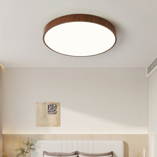 Qianzhang Lamp bedroom main light new Chinese style LED ceiling lamp modern simple walnut wood grain Nordic Chinese style high-end creative round 23cm 12W suitable for 1-3 square meters three-color dimming (no remote control)