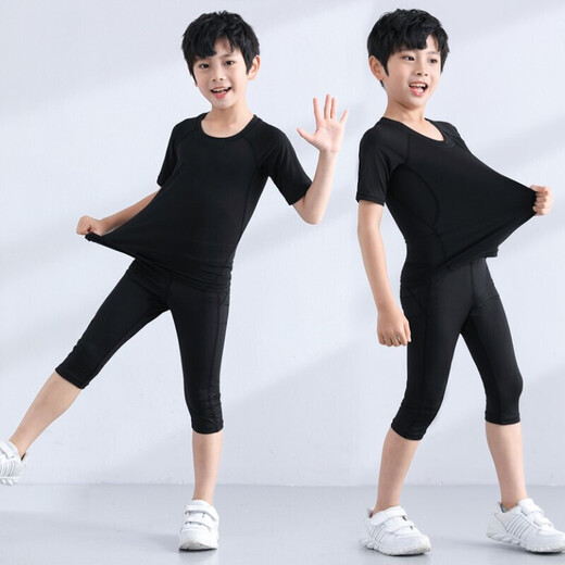 
Children's tights training suit men's running sports short-sleeved suit basketball football quick-drying clothes cropped pants fitness suit YIPAI Yipai all black suit S size (height 160, weight 80 Jin [Jin equals about 0.5 kg])