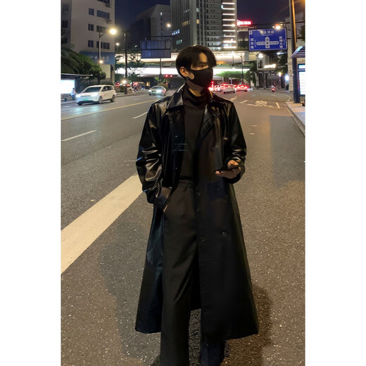 Shelley Jonespu leather windbreaker men's coat mid-length spring and autumn new ins double-breasted design top coat handsome coat black 2XL recommended 145-160Jin Jin equals 0.5 kg