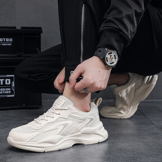 Wei Guang, Papa Schuhe Männer atmungsaktives Mesh-Laufschuhe dicker alleinerhöhender Schuhe Retro lässige und vielseitige Walking-Sneakers Beige 42