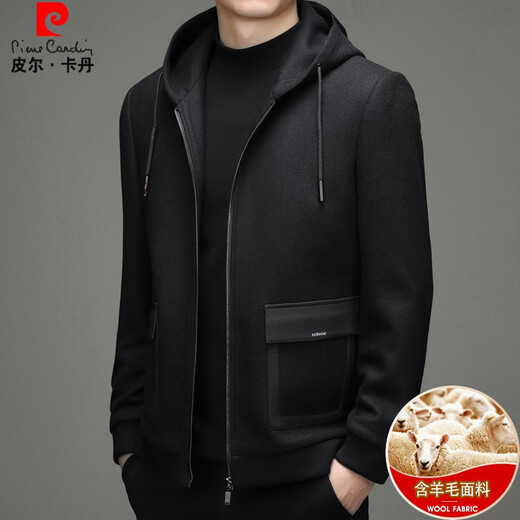 Pierre Cardin men's short autumn and winter thickened double-sided woolen jacket hooded jacket casual knitted 2101 black 185