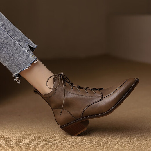 Asacho Top Layer Cowide Speced Toe Dicke Ferse kurze Stiefel für Frauen im Herbst und Winter kurzer Schnür-up britischer High Heel Nacktstiefel Mode Lederstiefel für Frauen Khaki 36