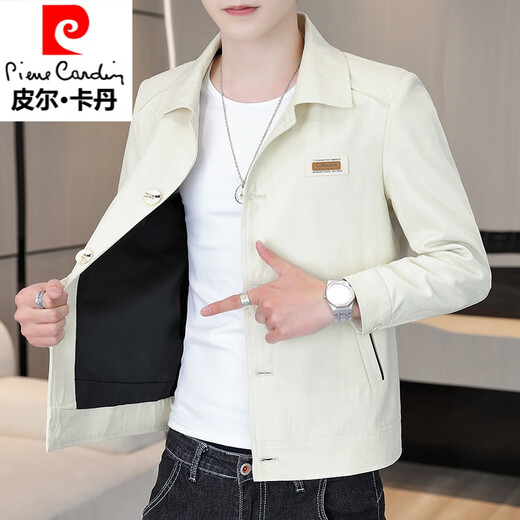 Pierre Cardin Lapel Casual Jacket Men's Jacket 2025 Spring and Autumn New Trendy Handsome Youth Workwear Jacket Men's White XL 120-135Jin Jin is equal to 0.5 kg