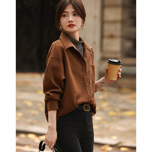 Demana Urban Casual Commuting Half-High Lapel Shirt Contrast Color Stitching Brushed Shirt Women's Top Light Brown L