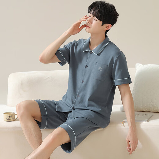 莫代尔【7A抗菌】100%纯棉夏季情侣睡衣一男一女短袖长裤可外穿家居服薄 09M12808男 L