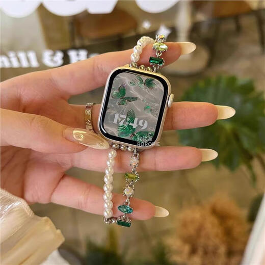 星迎珍珠闪亮钻石水晶iwatchS8/S9苹果手表applewatch987表带表链金属 珍珠拼闪钻伸缩链-蓝绿色 苹果iWatch S841mm