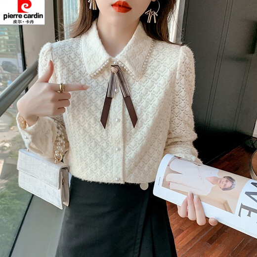 Pierre Cardin plus velvet thickening bottoming shirt for women new French style small man top with POLO collar lace shirt off-white regular XL