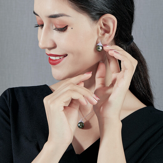 Mohs Tahitian Black Pearl Set Malachite Green Ice Queen Saltwater Pearl Pendant Earrings 18K Gold Diamond Tahitian Black Pearl Pendant 11-12mm