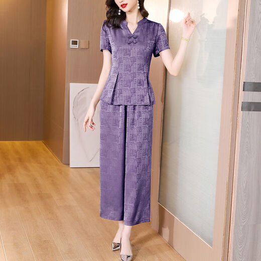 BMOI2025夏仿真丝套装女提花时尚中年大码妈妈装收腰显瘦仿香云纱两件 N679  墨绿套装 XL