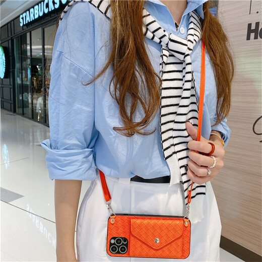 领悍（Lieehaen） 苹果手机壳零钱包编织斜挎背带插卡个性创意皮质女款插卡包个性创意防摔 橙色格子编织纹零钱插卡包+斜挎挂绳 6.1英寸-苹果iphone13pro专属