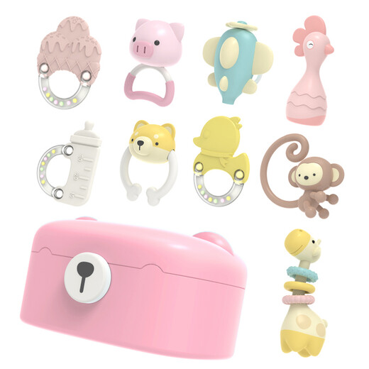 Aseblarm teether hand rattle 0-3-6 months 1 year old baby grasps early education enlightenment soothes newborn baby toy G animal rattle 9 kit (pink)