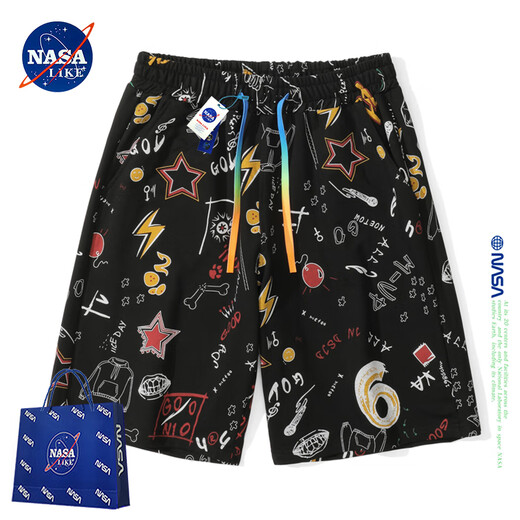 NASALIKE official full-print graffiti shorts men's summer casual shorts beach large pants men's sports breathable cotton pants white XL (recommended 129-145Jin Jin equals 0.5 kg)