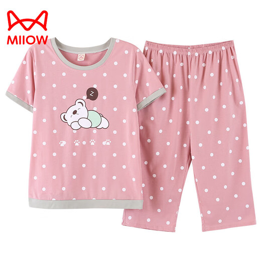 Catman (MiiOW) summer women's pajamas women's summer cotton short-sleeved cropped pants pure cotton suit can be worn outside in summer two-piece home clothes set 700%: HL679 Barbie Bear L women (95-110Jin [Jin equals 0.5 kg])