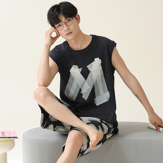 Modal 100% cotton vest pajamas men pure cotton summer sleeveless cool thin home clothes summer can be worn out suit (cotton) AM719 men L