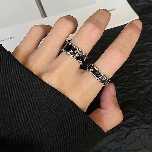 Meng Keduo black rhinestone drip glaze open ring niche design index finger ring couple ring fashion personalized ring men's trendy trendy personalized ring 2 pack