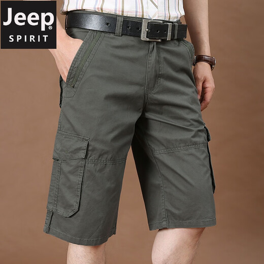 Jeep (Jeep) Trabajo Shorts Summer de algodón del algodón del algodón del algodón puro para hombres Pantalones de cinco puntos de gran tamaño Medio calzones múltiples pantalones cortos de bolsillo múltiple 9889 Militar Vend 42 tres pies Tres tres