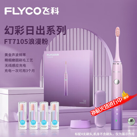 FLYCO Adult Electric Toothbrush Symphony Series Couple Model Intelligent Sonic Vibration Deep Cleaning Gum Protection Soft Brush Brush for Boy and Girl Birthday Chinese Valentine's Day Gift FT7105 FT7105 Romantic Powder with 4 Brush Heads