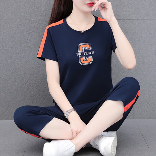 NY-EMMA sports suit for women short-sleeved summer thin high-end fashionable age-reducing cotton casual and fashionable running suit two-piece set 687 orange (crop pants set) 3XL (recommended 140-155 Jin [Jin equals 0.5 kg])