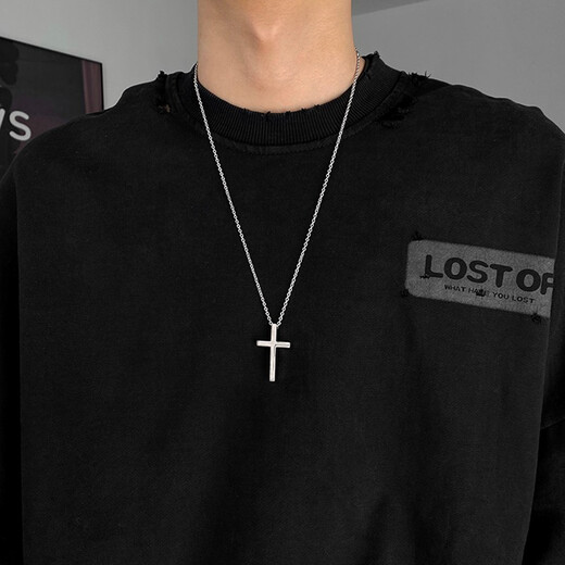 QMXD engraving trendy men's cross necklace men's trendy titanium steel long-lasting hip-hop pendant simple personality gift for boyfriend