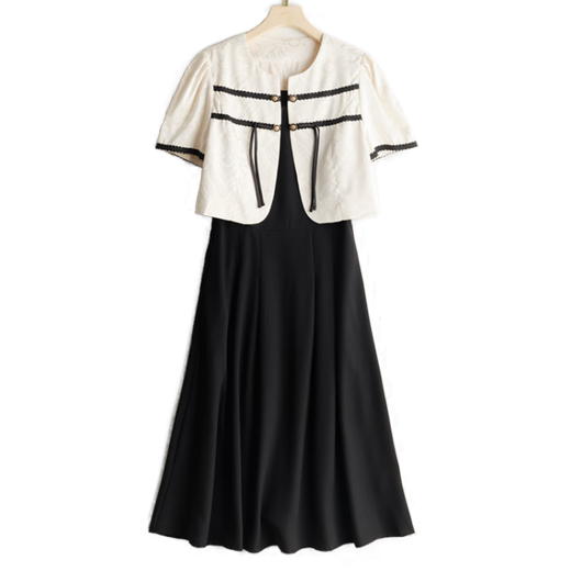 
LISLAVE high-end small fragrance style suit summer women's short jacket black long suspender dress two-piece dress making it look slimming and covering the flesh Black JXJC-679 L