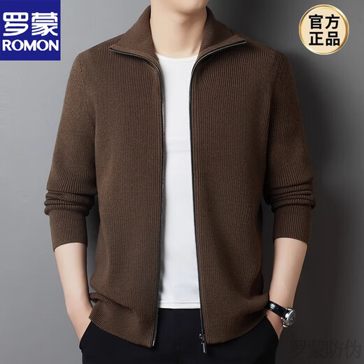 ROMON 100% pure wool casual lapel zipper cardigan winter thickened middle-aged men's wool knitted jacket pure gray 2XL