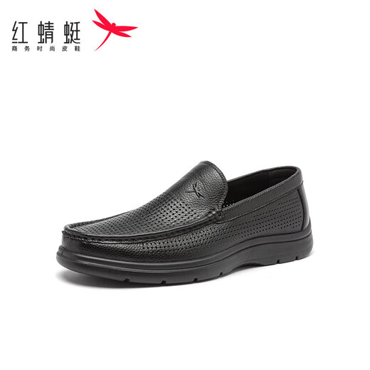 红蜻蜓闰月礼父亲节透气休闲软底皮鞋男镂空爸爸鞋WTA30612黑色镂空39