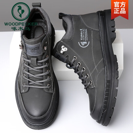 Woodpecker men's shoes 2025 autumn new leather Martin boots men's high top thick sole outdoor sports casual shoes business work shoes new 8065 gray 38
