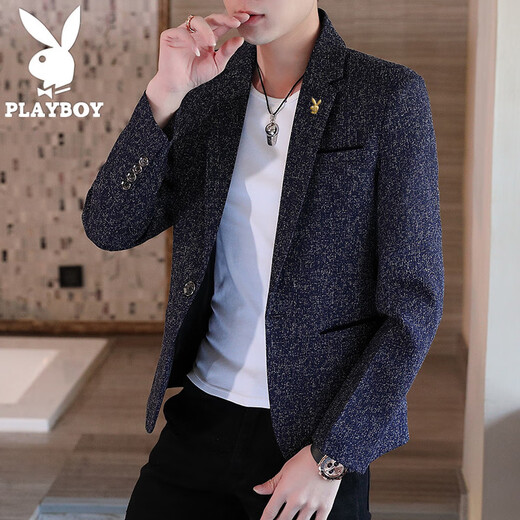 Playboy suit men's autumn and winter casual men's single Western Korean version slim fashion youth small suit j plus velvet jacket men's trendy K03 black regular style 2XL135-150Jin Jin is equal to 0.5 kg wear
