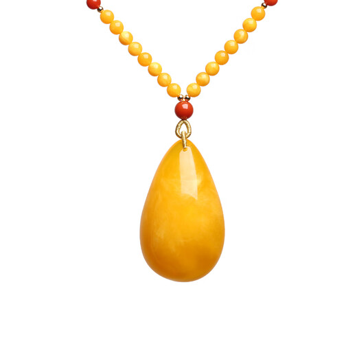 Qiongque Pavilion Beeswax Pendant Amber Raw Stone Chicken Fat Yellow Honey Water Drop Square Brand Blood Amber Sweater Necklace for Men and Women Beeswax Water Drop C Bead Chain Style