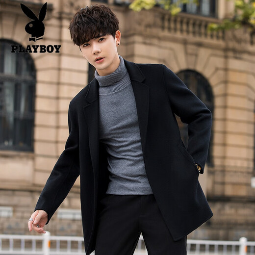 花花公子（PLAYBOY）双面羊毛呢大衣男士中长款韩版羊毛呢子外套冬厚西装高端 灰绿色 S
